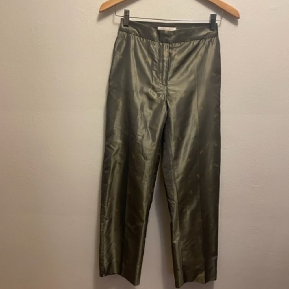 Rebecca Taylor printed iridescent grey silk taffeta ankle length slim pants